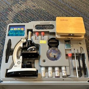 Super Cool Kids Microscope Set with extra skids in fancy Wooden Box - GUC!